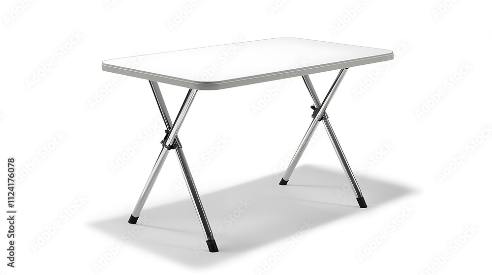 A table with a white top and metal legs A table with a white top and metal legs
