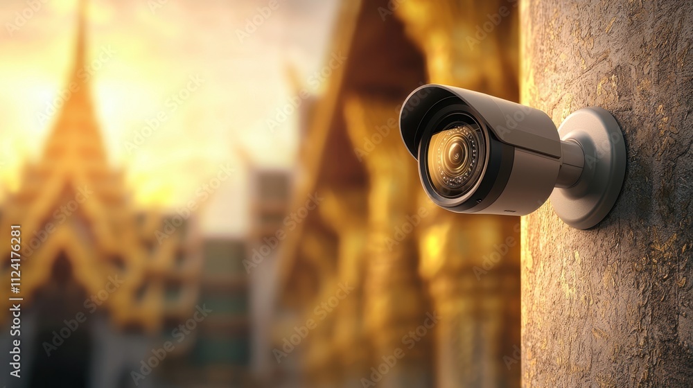 Modern security camera mounted on textured wall with blurred golden temple architecture at sunrise Modern security camera mounted on textured wall with blurred golden temple architecture at sunrise