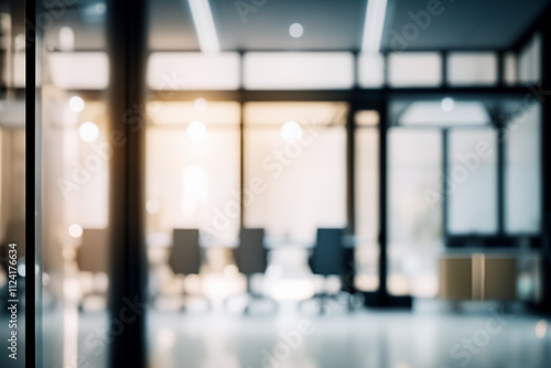 Blurred modern office interior background with glass doors and windows. photo