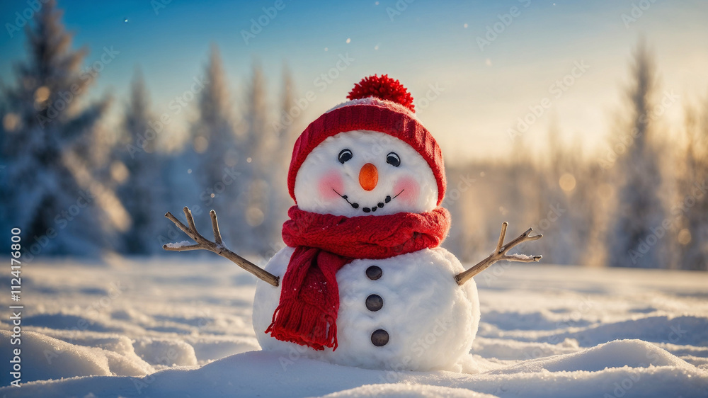 Fototapeta premium a funny snowman with winter holiday christmas background. on snowy snow snowscape.
