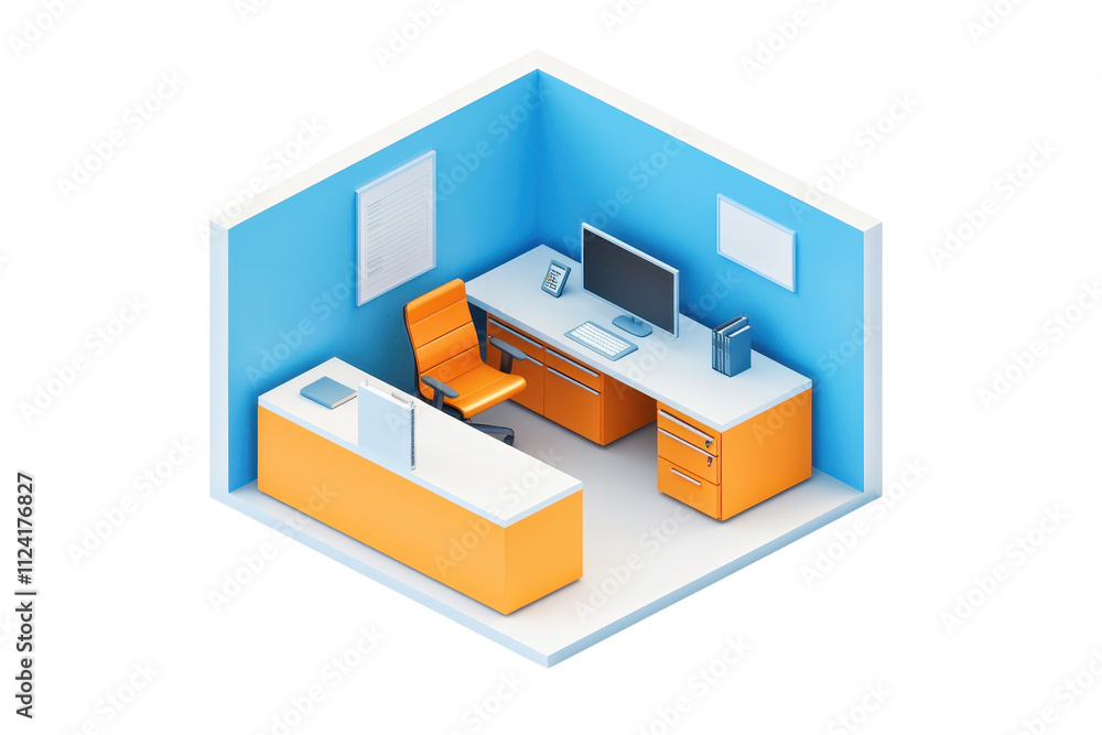 A modern office space featuring a desk, computer, chair, and storage with a bright color scheme. A modern office space featuring a desk, computer, chair, and storage with a bright color scheme.