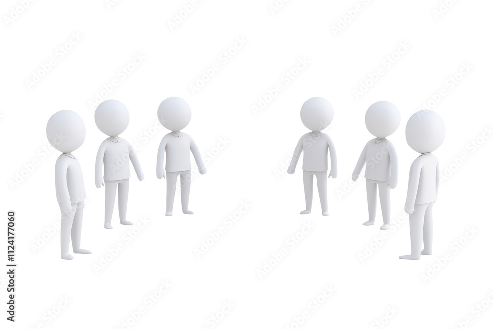 A group of six stylized figures standing in two clusters, engaged in communication or discussion. A group of six stylized figures standing in two clusters, engaged in communication or discussion.