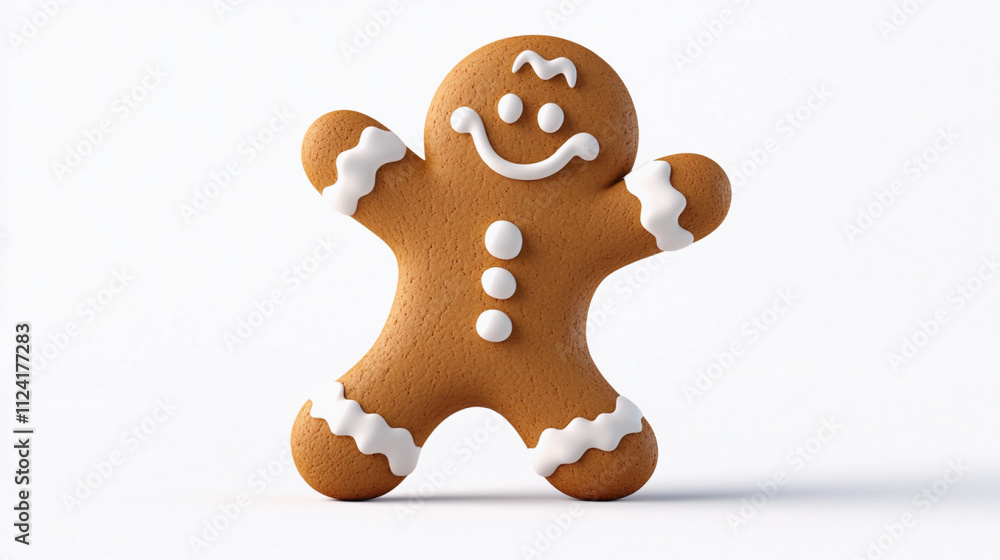 Obraz premium A happy welcoming gingerbread man with white icing on a white background smiling holiday Christmas cookie
