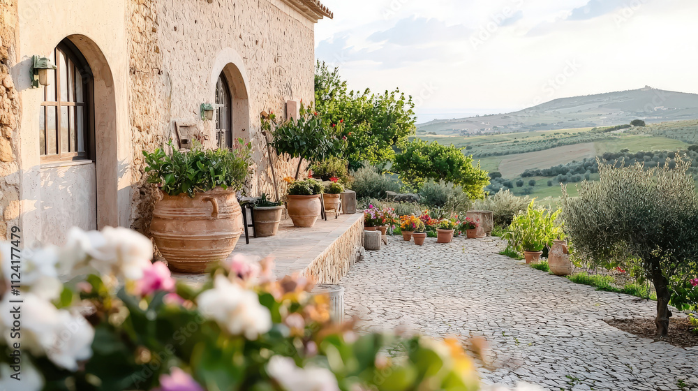 Obraz premium Cozy rustic villa exterior with beautiful flowering plants, stone pathway, and stunning countryside view at sunset in a tranquil Italian landscape