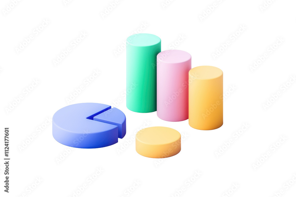 A colorful arrangement of various 3D cylindrical and pie chart shapes representing data visualization elements. A colorful arrangement of various 3D cylindrical and pie chart shapes representing data visualization elements.