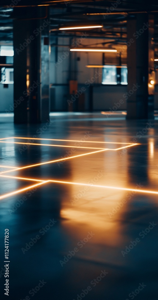 A spacious industrial area with glowing floor lines. A spacious industrial area with glowing floor lines.