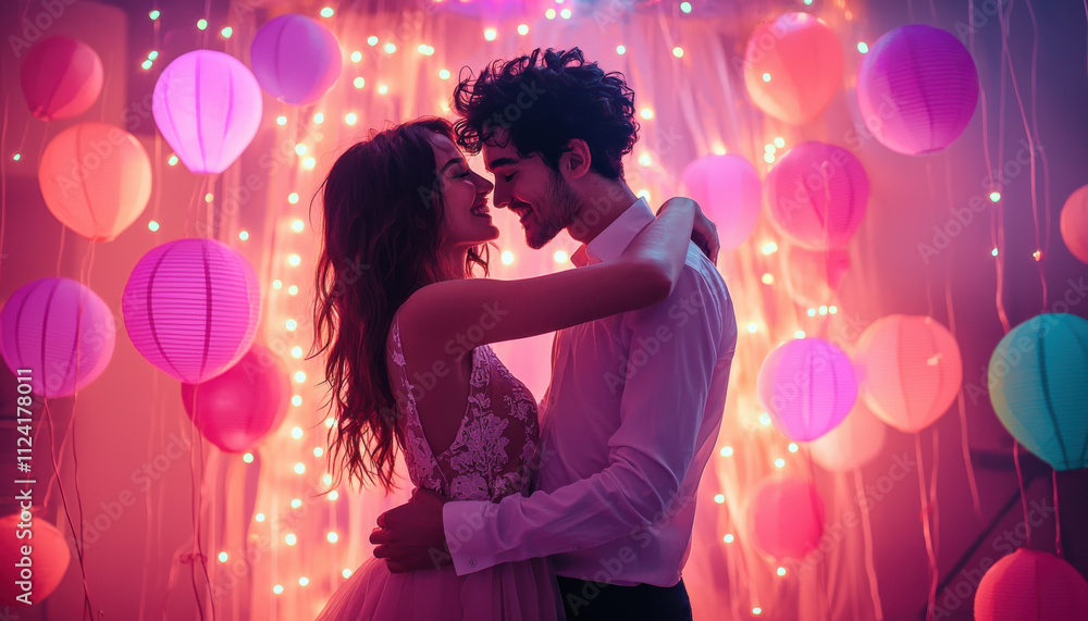 couple dancing in romantic setting with colorful lanterns and lights couple dancing in romantic setting with colorful lanterns and lights
