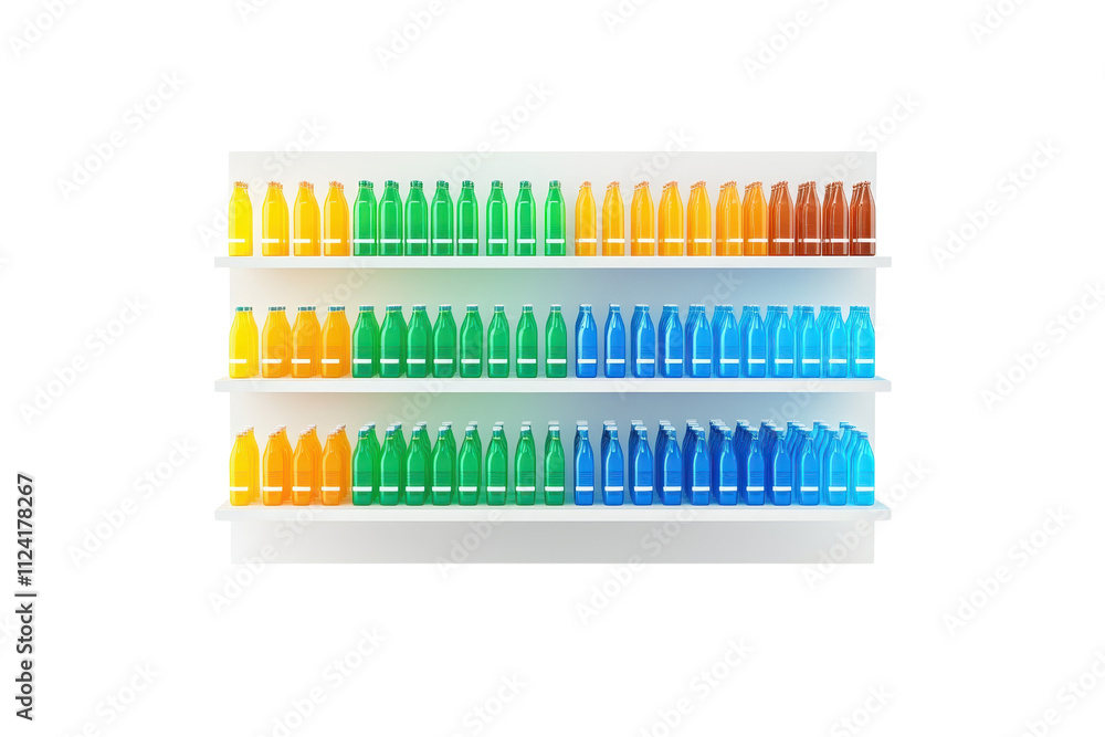 A vibrant display of colorful bottles arranged on shelves, showcasing a gradient of hues from yellow to blue, highlighting product variety. A vibrant display of colorful bottles arranged on shelves, showcasing a gradient of hues from yellow to blue, highlighting product variety.