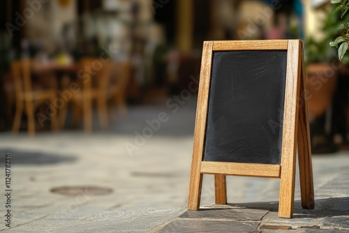 Wooden chalkboard sign in outdoor cafe setting on sunny day photo