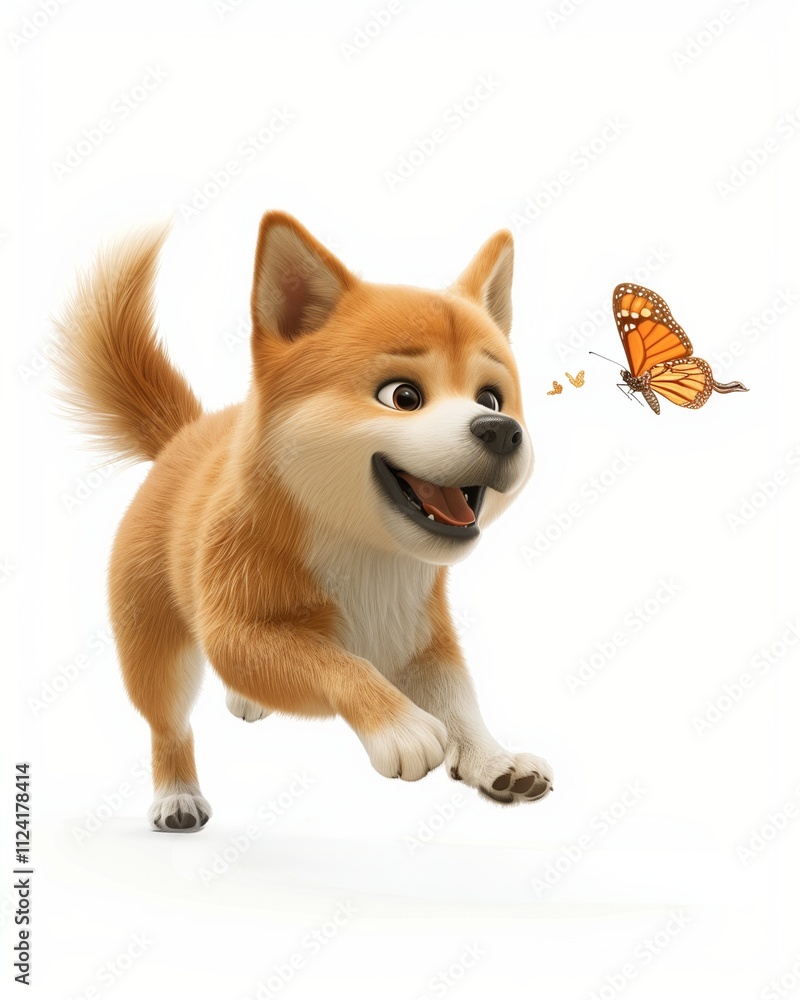 Fototapeta premium The adorable white Shiba puppy running on a white background, tongue lolling in a playful portrait