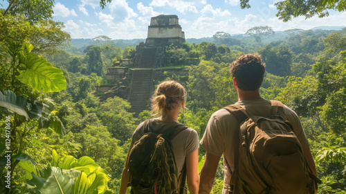 Fototapeta Naklejka Na Ścianę i Meble -  Explorers admiring ancient Mayan ruins in lush jungle
