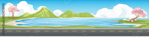 Horizontal stretch of asphalt road with yellow line for banner. Traffic on the beach road. Background Cherry blossom trees and sea beach. Island far away under blue sky and white clouds.