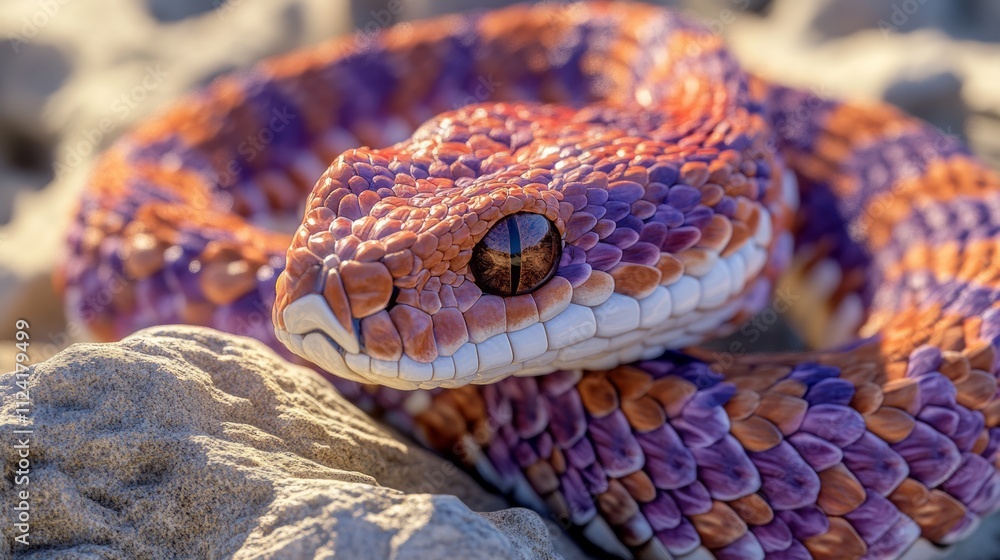Close-up of a vibrant purple and orange snake on rocks. Close-up of a vibrant purple and orange snake on rocks.
