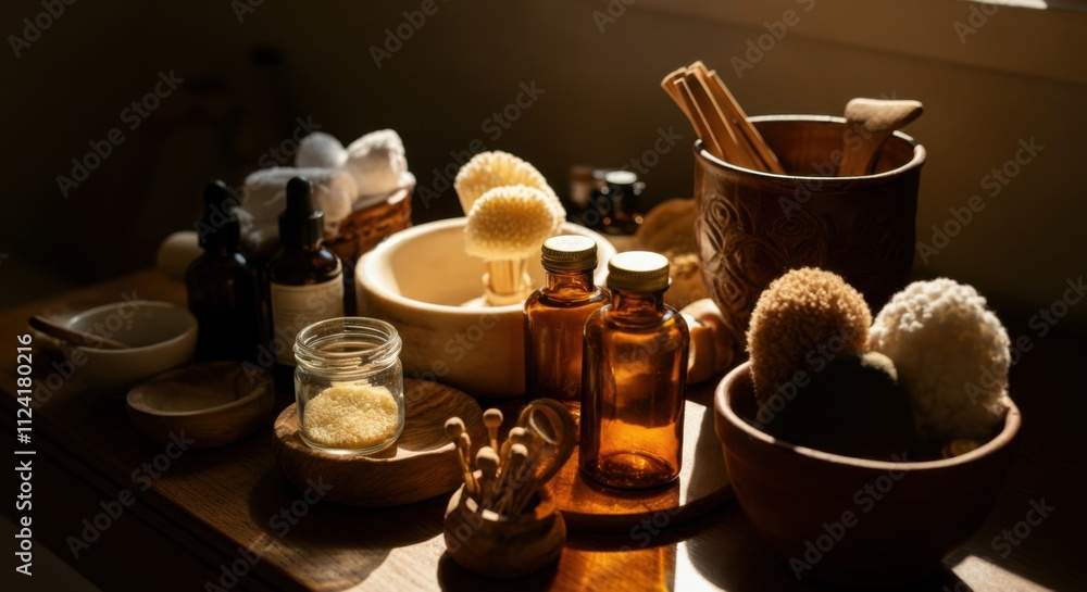 Calm morning ritual with natural skincare products and wooden accessories Calm morning ritual with natural skincare products and wooden accessories