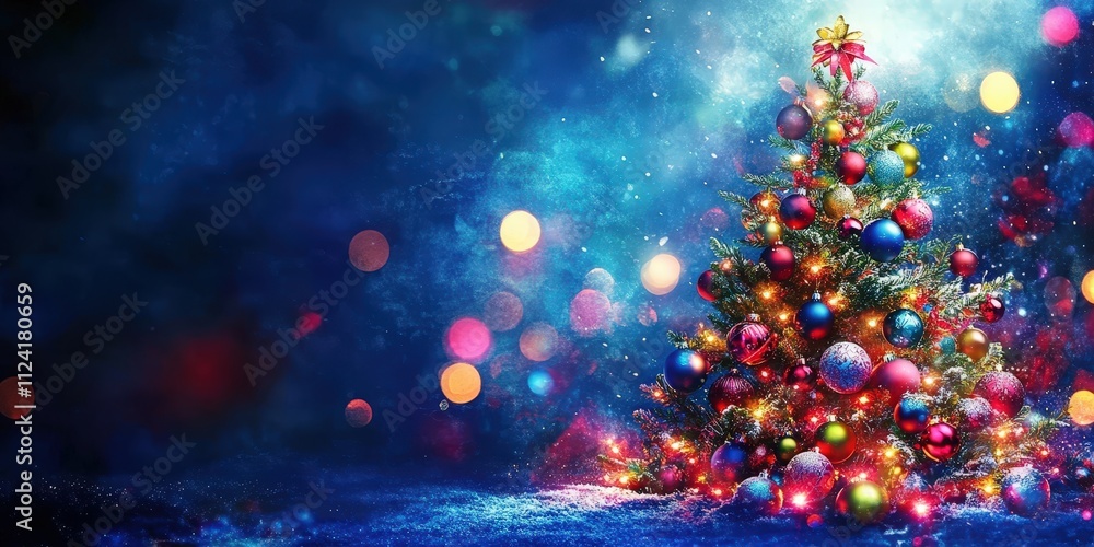 Naklejka premium Colorful Christmas Tree with Bright Decorations Set Against a Blue Background, Capturing the Essence of Holiday Cheer and Festive Spirit