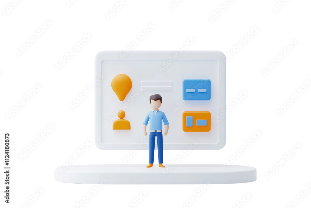 A stylized figure stands in front of a digital interface displaying various icons and buttons related to user interaction.