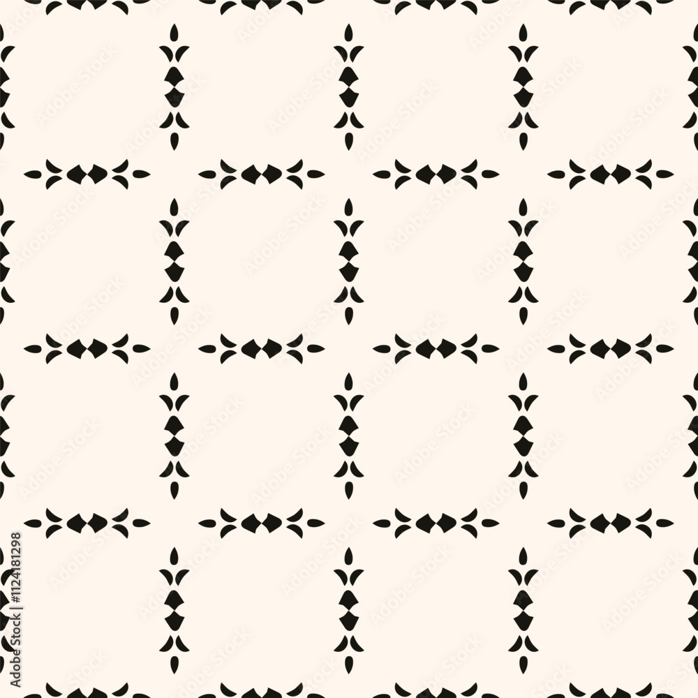 Simple minimalist floral pattern. Minimal seamless texture with small flower shapes. Abstract black and white geometric background. For print, package Simple minimalist floral pattern. Minimal seamless texture with small flower shapes. Abstract black and white geometric background. For print, package