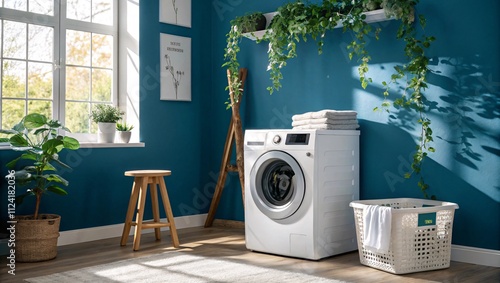 Cozy Modern Laundry Room with Teal Walls and Sunlight V7