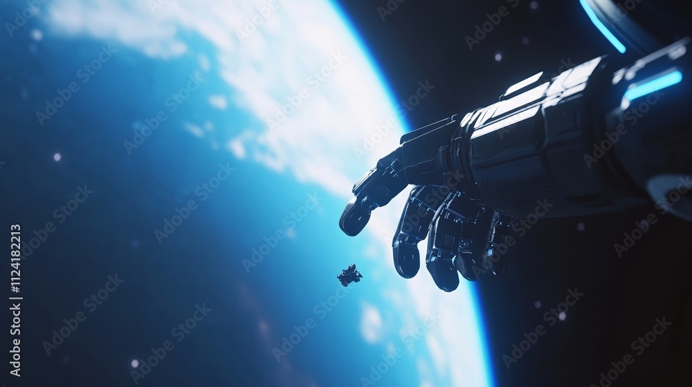 Fototapeta premium Orbital cleanup illustration depicting a futuristic spacecraft removing debris from Earth's orbit, emphasizing the importance of space sustainability and environmental responsibility.