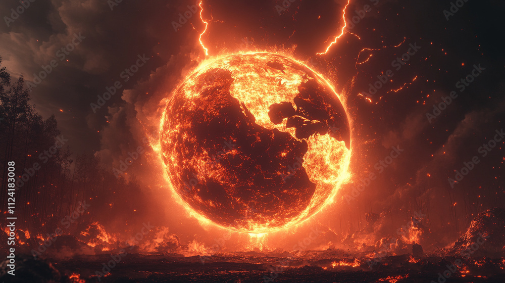 Obraz premium Dramatic imagery of Earth split by a vibrant lightning bolt symbolizing division conflict and energy contrasting halves of the planet representing duality power and the fragility of our world
