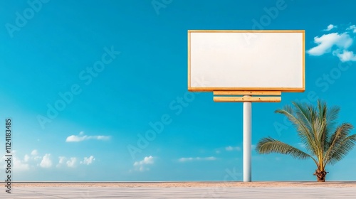 Blank billboard by the beach under a clear blue sky. photo