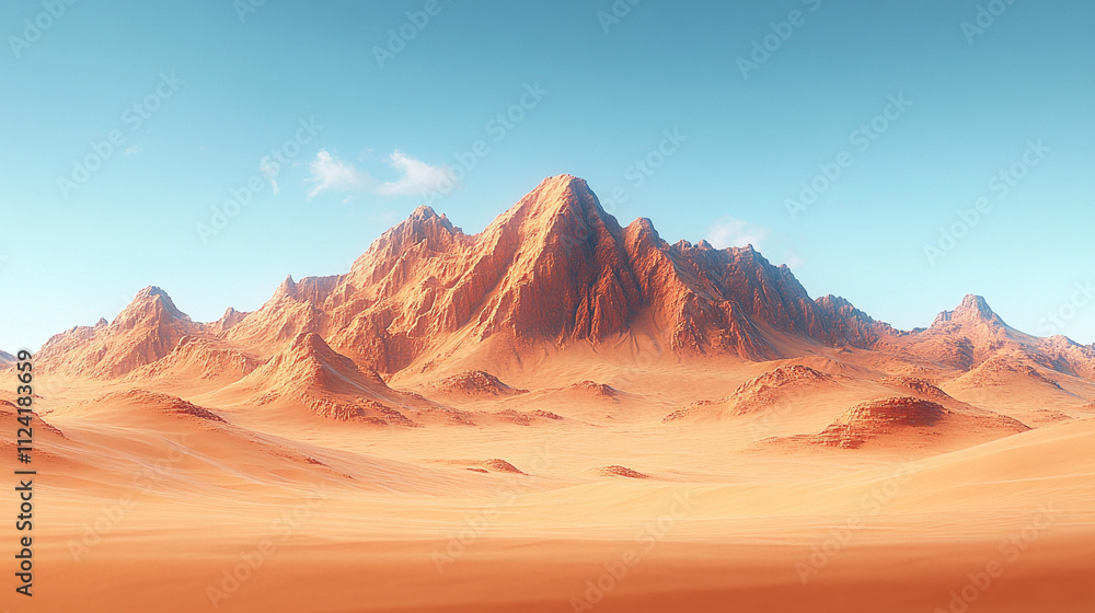 Naklejka premium The breathtaking orange-red sands of Wadi Rum desert in Jordan, with dramatic sandstone formations under a clear blue sky, evoke serenity, adventure, and timeless natural beauty