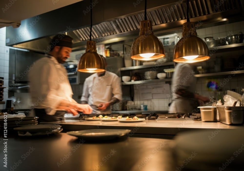 Caucasian male chefs preparing meals in a busy restaurant kitchen setting Caucasian male chefs preparing meals in a busy restaurant kitchen setting