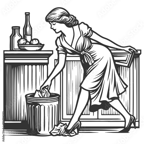 woman tidying a kitchen, throwing trash into a bin, with bottles and fruit on the counter sketch engraving generative ai vector illustration. Scratch board imitation. Black and white image.