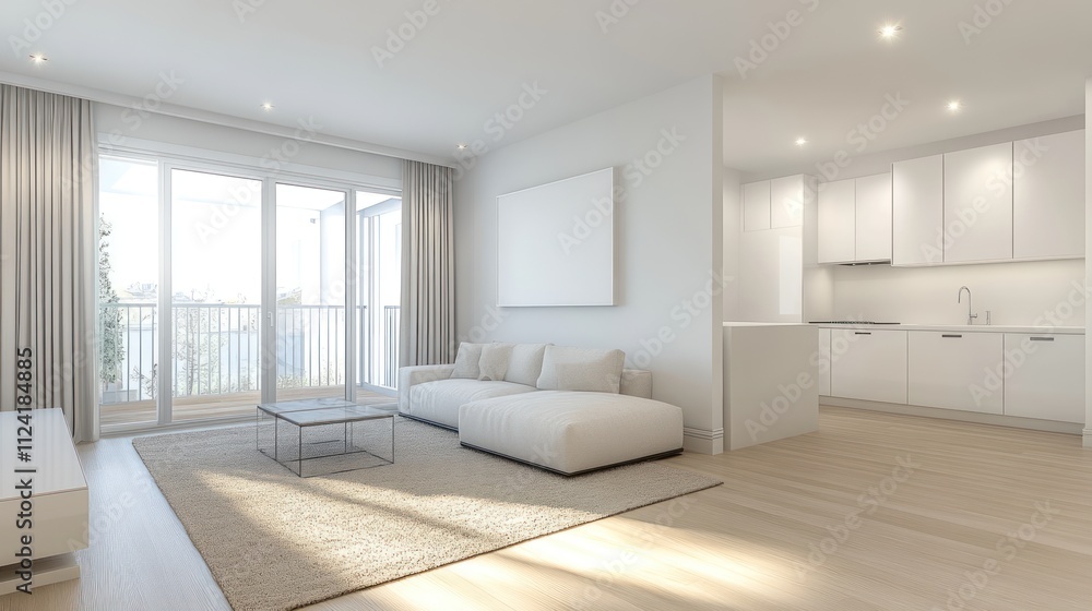 Fototapeta premium Modern White Open-Plan Living and Kitchen Interior