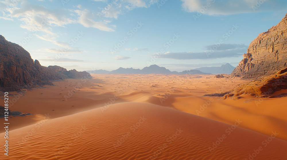 Naklejka premium The breathtaking orange-red sands of Wadi Rum desert in Jordan, with dramatic sandstone formations under a clear blue sky, evoke serenity, adventure, and timeless natural beauty