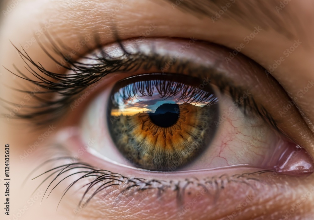 Fototapeta premium Close-up of a human eye reflecting a sunset landscape