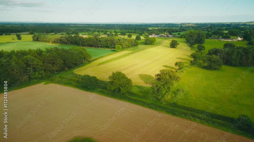 Aerial view of sunset over the Cheshire rural landscape with green fields Aerial view of sunset over the Cheshire rural landscape with green fields