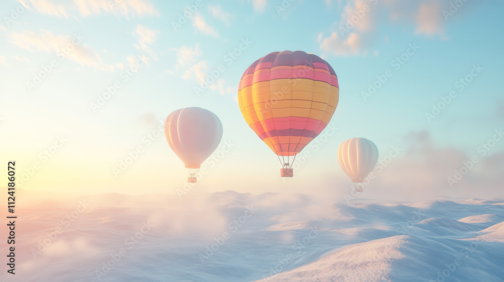 Fototapeta premium Colorful hot air balloons floating in bright sky create serene atmosphere