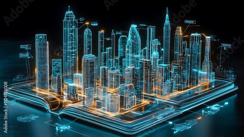 Futuristic Cityscape Model Illuminated On Open Book