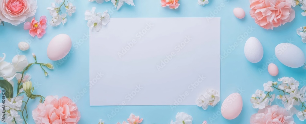 Easter background with colorful eggs, flowers and blank paper for text or design on a pastel blue background. Easter background with colorful eggs, flowers and blank paper for text or design on a pastel blue background.