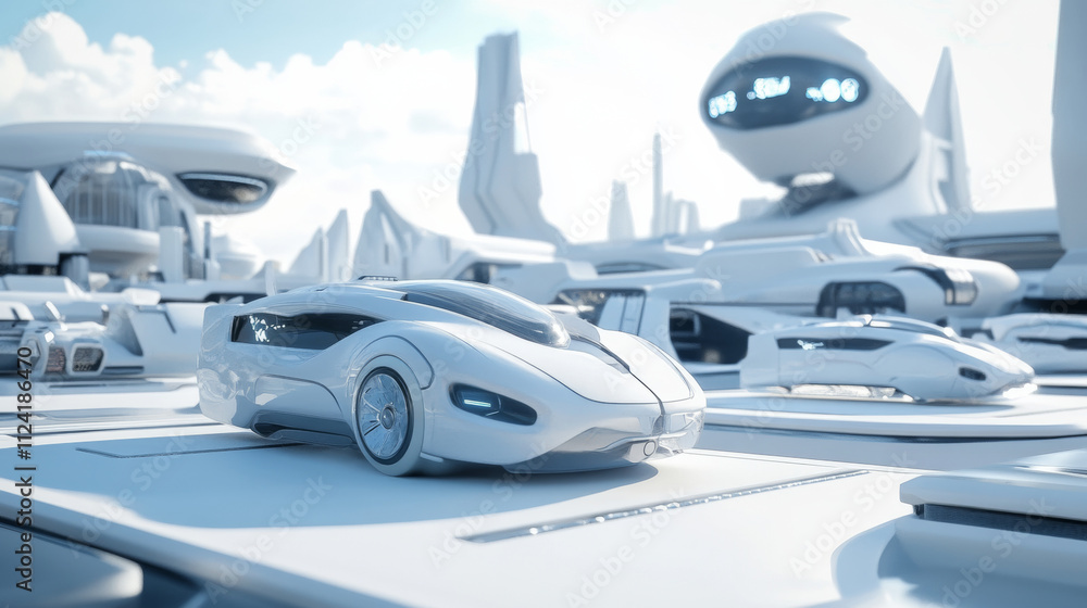 Futuristic vehicles parked on white platform in sleek environment