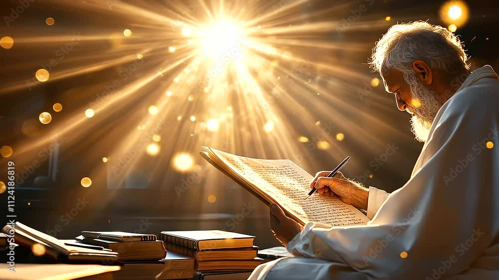 A prophet writing on a scroll illuminated by celestial light