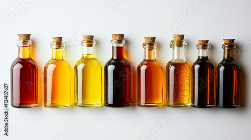 collection of essential oils in glass bottles showcasing various colors and textures