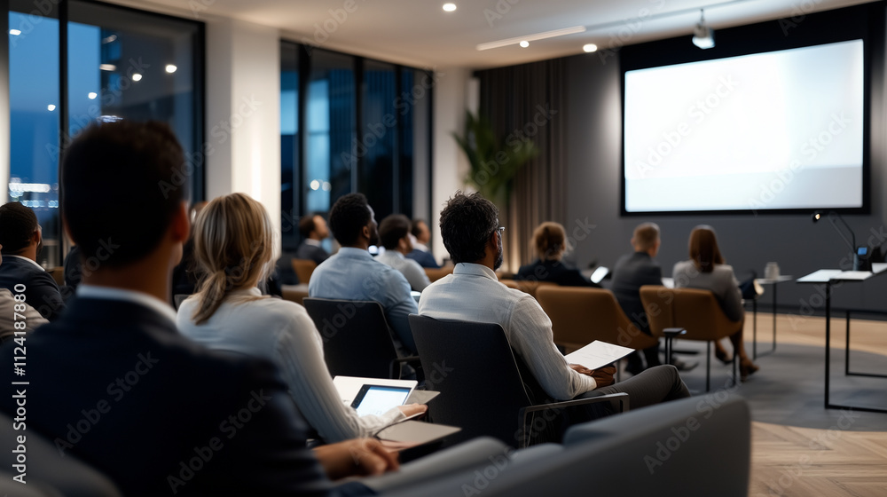 Diverse group of professionals seated in a modern seminar room with a presenter at the front Diverse group of professionals seated in a modern seminar room with a presenter at the front