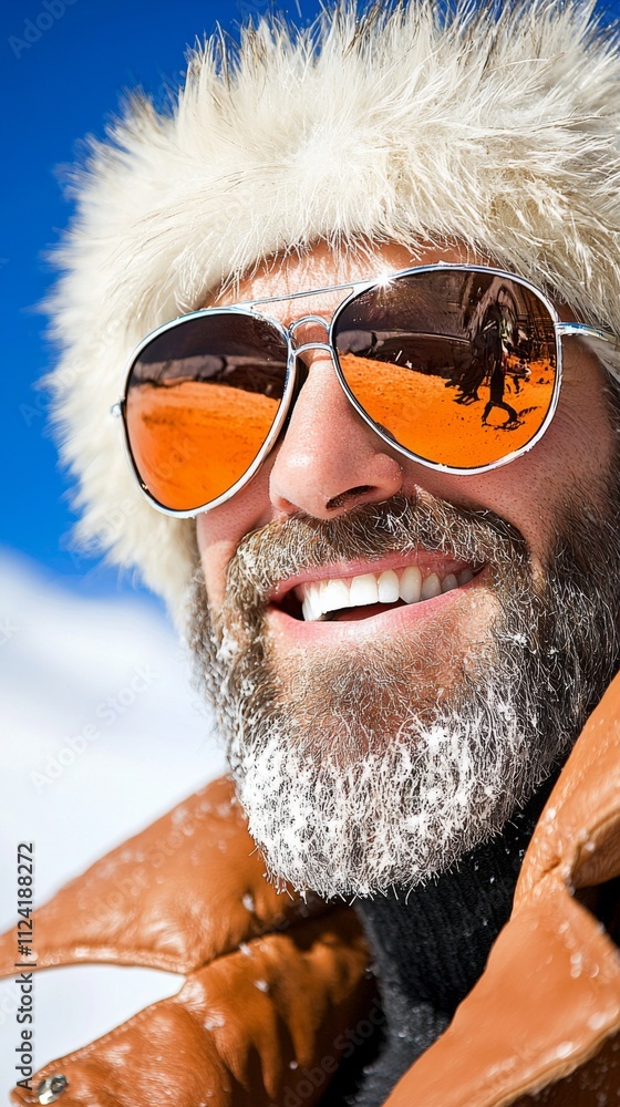 Enjoying a sunny day in the snowy mountains with a smiling man wearing stylish sunglasses and a fur hat Enjoying a sunny day in the snowy mountains with a smiling man wearing stylish sunglasses and a fur hat