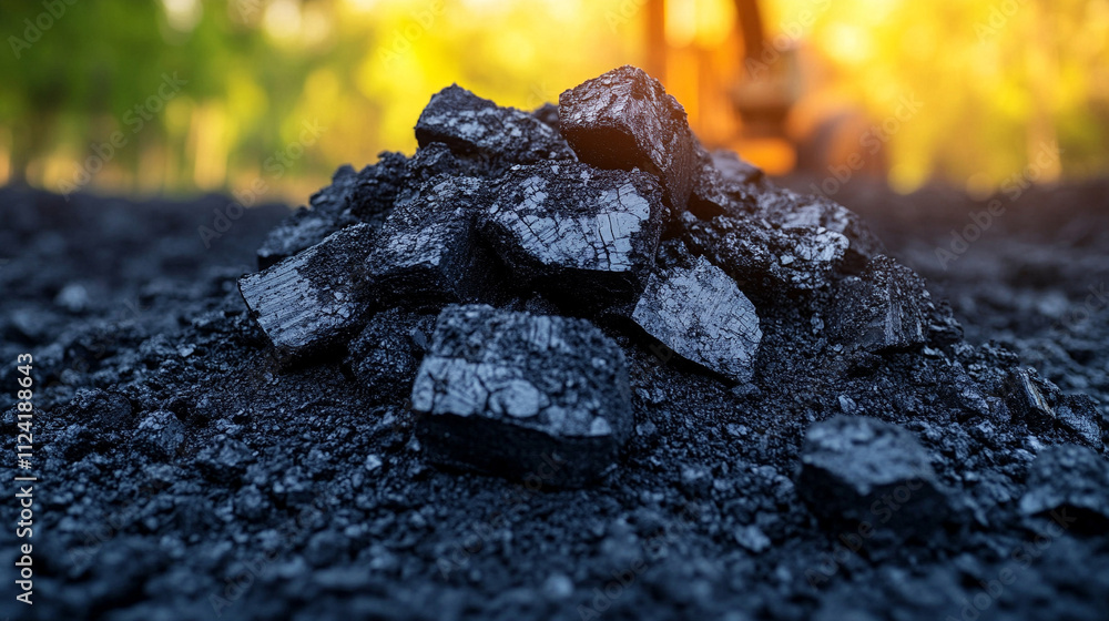 industrial coal pile with blurred heavy machinery in the background symbolizing energy production industrial strength and the environmental impact of fossil fuels in modern society industrial coal pile with blurred heavy machinery in the background symbolizing energy production industrial strength and the environmental impact of fossil fuels in modern society