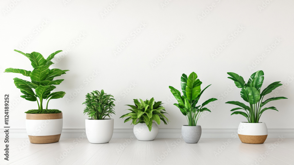 Lush green plants in stylish pots create serene indoor atmosphere Lush green plants in stylish pots create serene indoor atmosphere