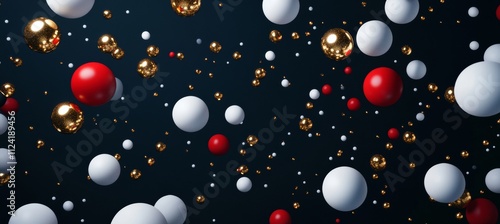 3D rendering of white, red and gold spheres falling on a dark blue background.