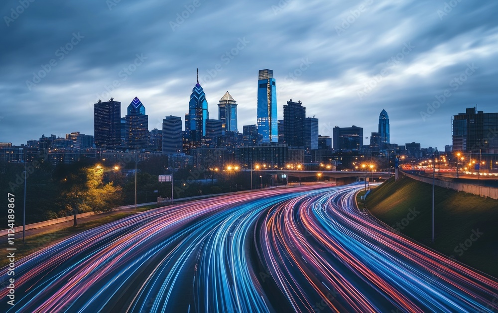 Fototapeta premium Philadelphia City Skyline at Night with Time-Lapse Highway Traffic