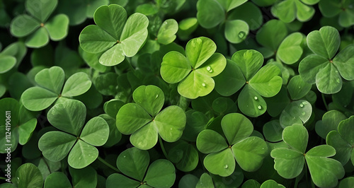 green clover background, fresh lush four leaf clovers pattern, natural template with copy space, st. Patrick, Ireland, luck