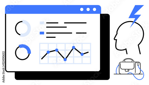 Data analysis screen with pie charts, line graph, and bullet points. Human head silhouette with lightning bolt and VR headset. Ideal for data visualization, business analytics, tech integration