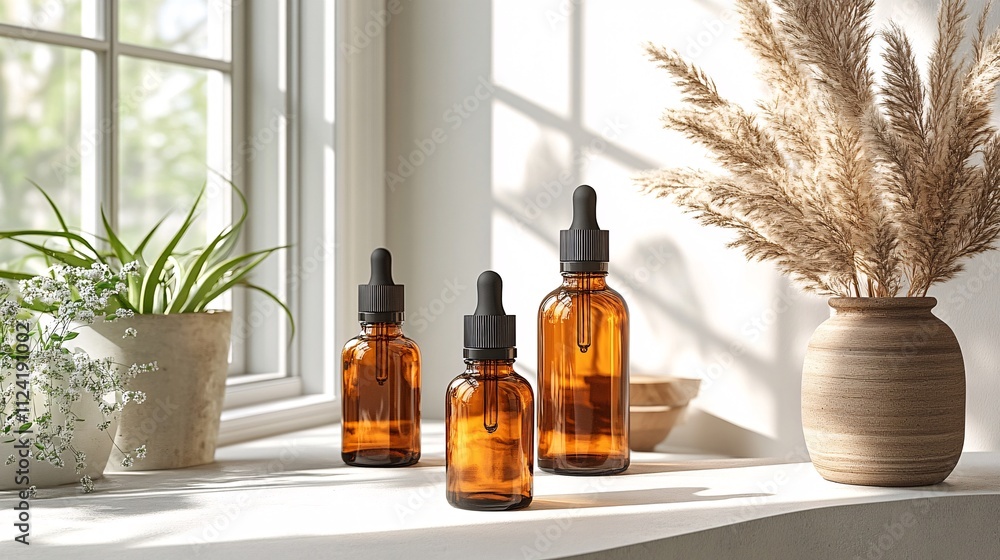 Fototapeta premium Elegant Display of Amber Bottles on a Sunlit Table