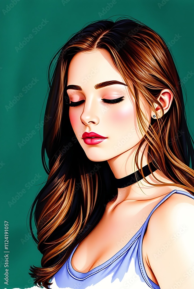 young woman with closed eyes, bathed in soft natural light and shadows against a green backdrop. Her relaxed pose and gentle expression create a mood of calm and introspection young woman with closed eyes, bathed in soft natural light and shadows against a green backdrop. Her relaxed pose and gentle expression create a mood of calm and introspection