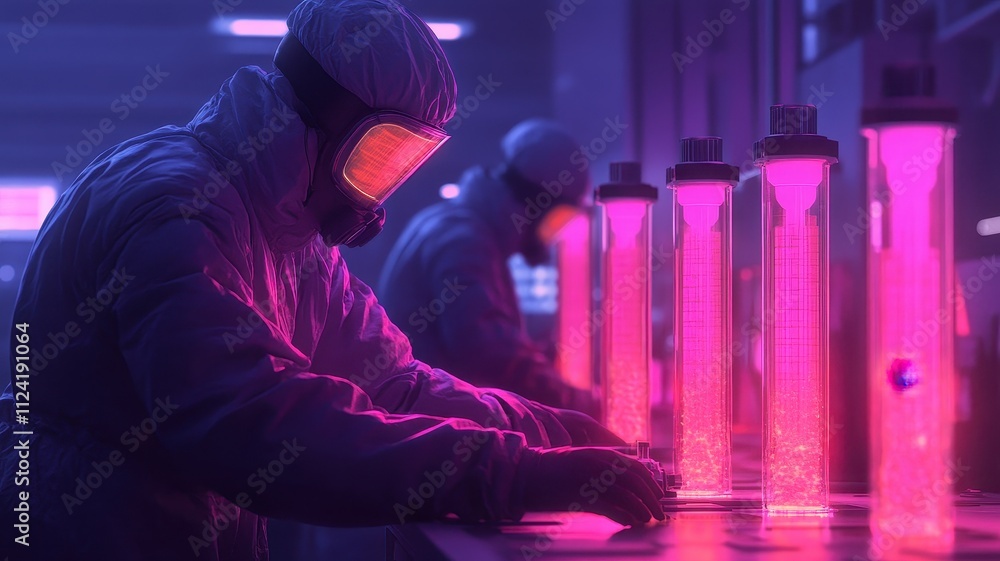 Researchers in a lab examining glowing samples under bright lights for scientific analysis and discovery. Researchers in a lab examining glowing samples under bright lights for scientific analysis and discovery.