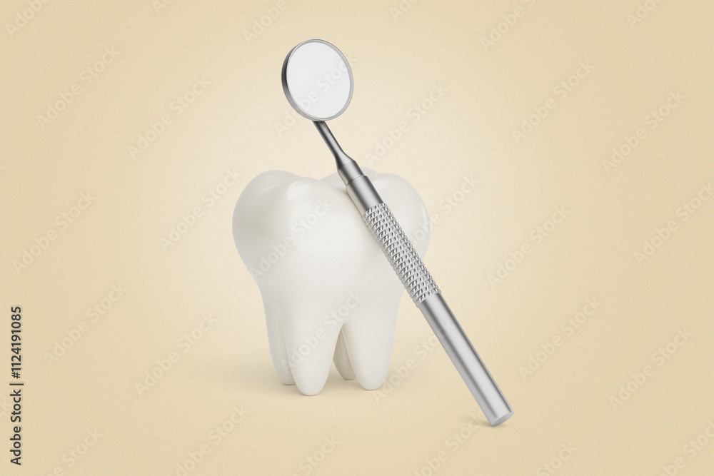 Tooth and dental mirror. Beige background. 3d render Tooth and dental mirror. Beige background. 3d render